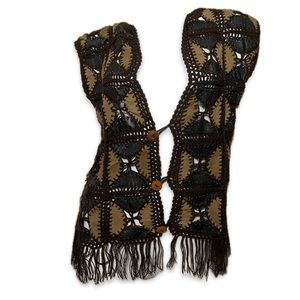 Vintage Artisan Leather Patchwork Crochet Bohemian Hippie Vest 70s free spirit